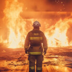 Firefighter works in burning building, fireman on flame background, Generative AI